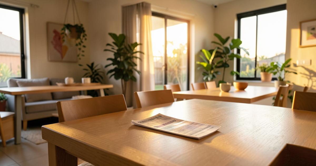 Sala de estar iluminada pelo fim de tarde com a conta de luz sobre a mesa