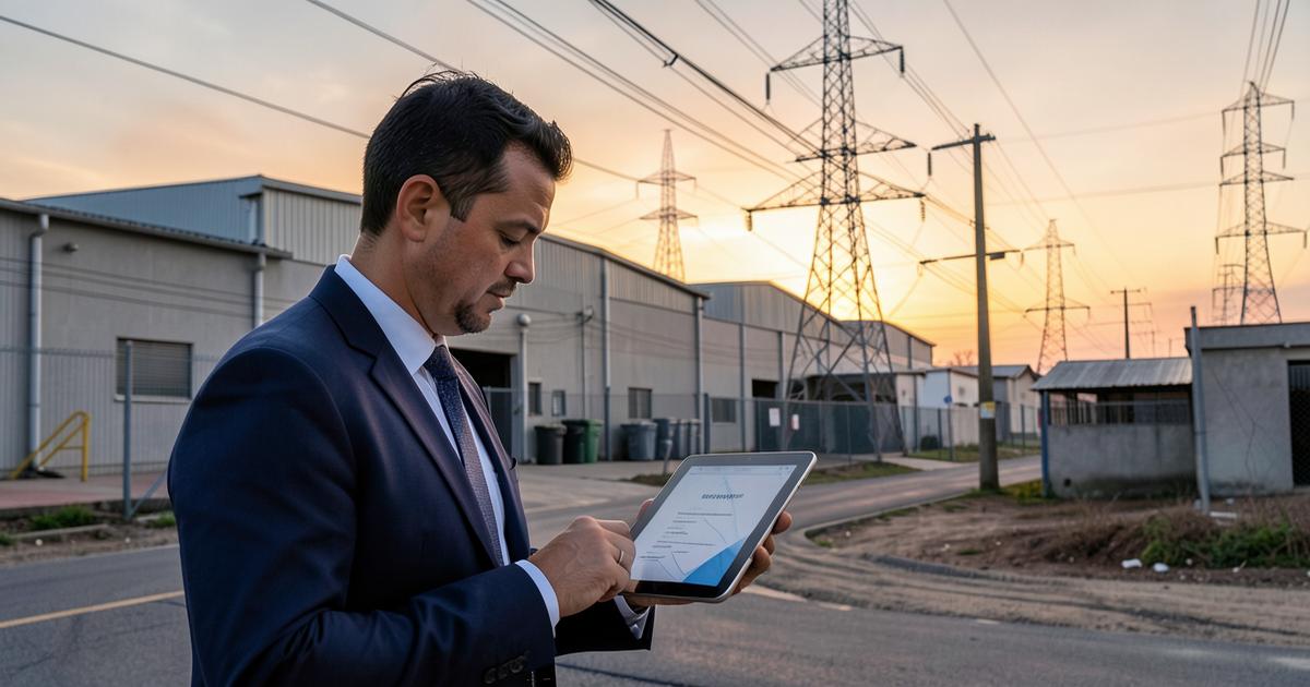 Gestor analisando contrato de energia diante de linhas de transmissão