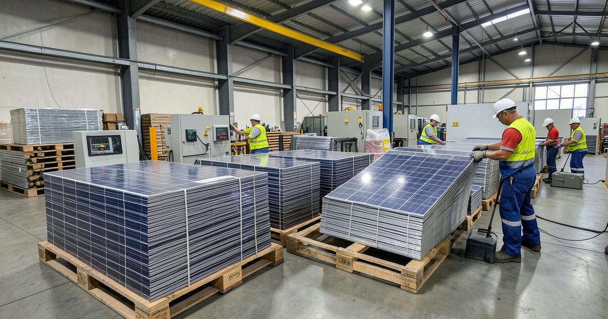 Módulos fotovoltaicos empilhados em paletes dentro de um galpão
