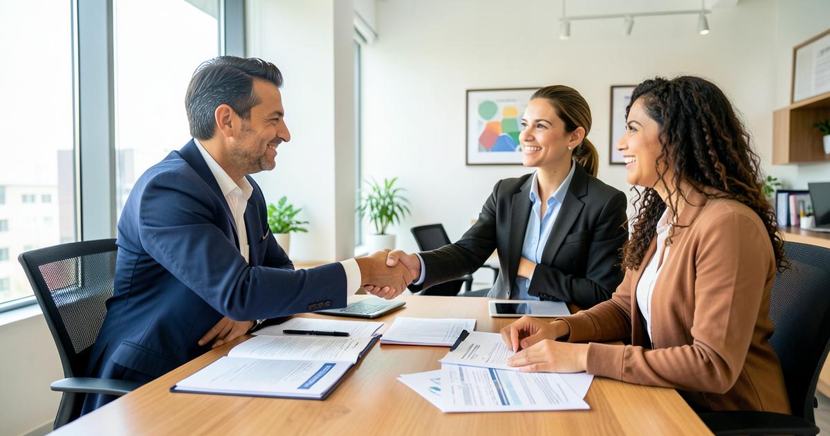 Consultor de seguros apertando a mão de clientes em um escritório