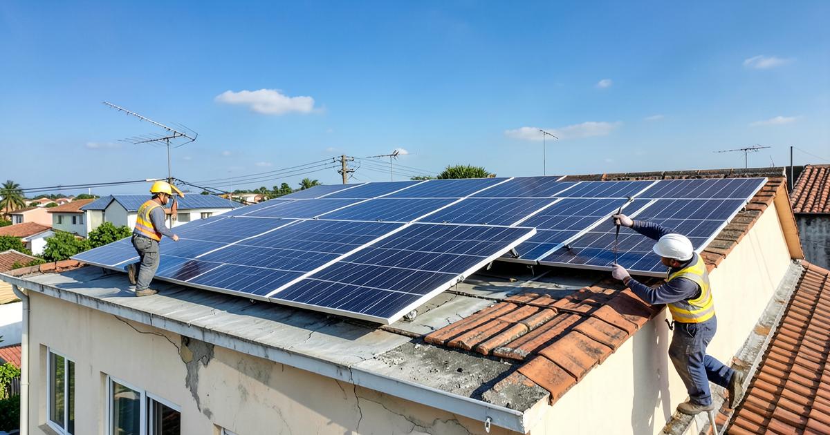 Técnicos instalando placas solares no telhado de uma casa